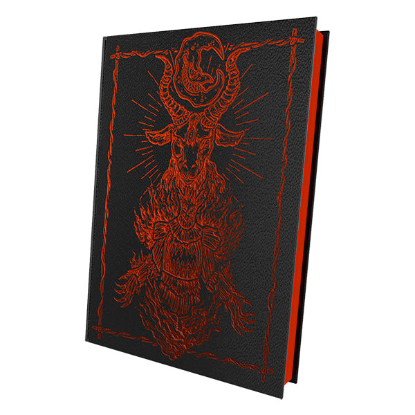 The Crooked Moon RPG: 5e Campaign Setting, Deluxe Edition - Black hardcover RPG book with intricate red illustration of a horned skull and ornate border, deluxe edition.