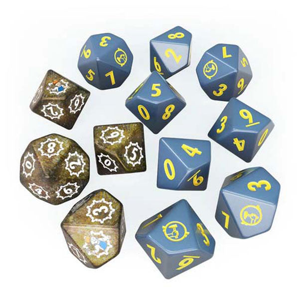 Fallout Factions: Dice Sets - Wasteland Survivors (PREORDER) - Blue polyhedral dice with yellow numbers and brown dice with detailed white symbols, Fallout-themed RPG set.