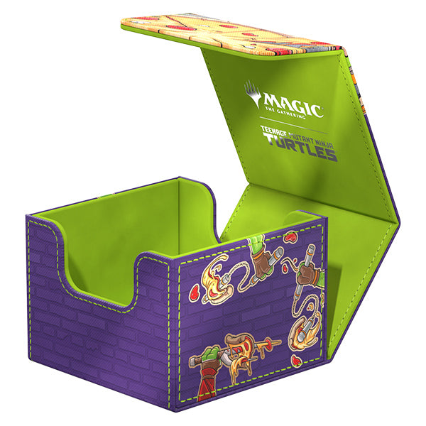 Ultimate Guard Sidewinder 133+ Xenoskin Deck Case: Teenage Mutant Ninja Turtles - Pizza Box - Purple rectangular card deck case with Teenage Mutant Ninja Turtles pizza box design and neon green interior lining.