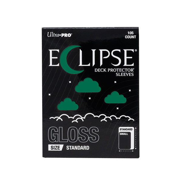Ultra Pro Eclipse Gloss Deck Protectors: Forest Green - Black rectangular Ultra Pro Eclipse Gloss card sleeve packaging with green crescent moon and cloud graphics, standard size,.