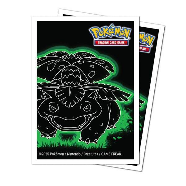 Apex Deck Protectors - Pokémon Neon Kanto - Venusaur (105ct) - Black card sleeves with neon green glowing outline featuring Venusaur line art from Pokémon series, 105 count pack.