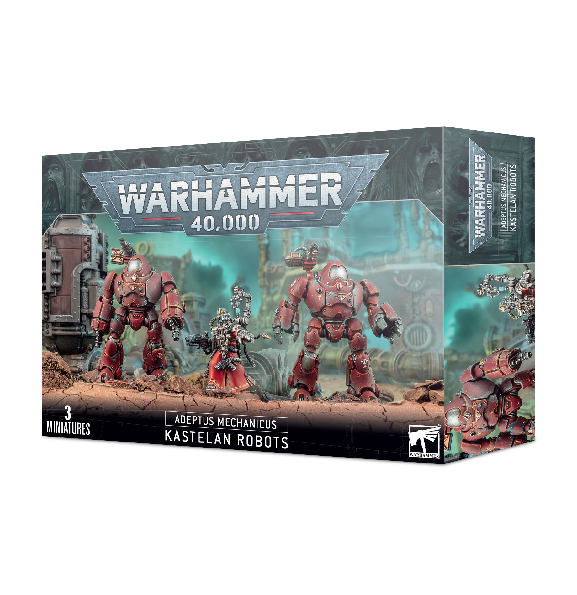 Warhammer 40,000 - Adeptus Mechanicus - Kastelan Robots - Warhammer 40,000 Kastelan Robots box featuring three red, heavily armored robotic figures with mechanical limbs and weapons.