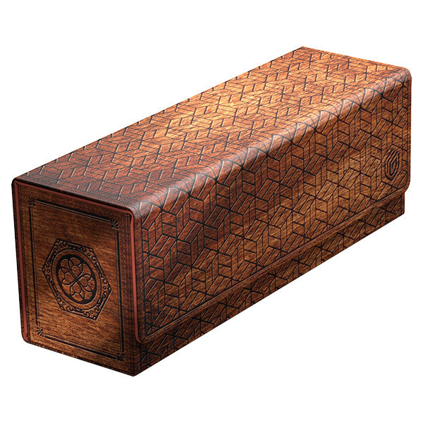 Ultimate Guard Arkhive 400+ Xenoskin: Shogun's Journey Part 3 - Rectangular deck box with dark wood finish and intricate geometric Shogun pattern in black lines.