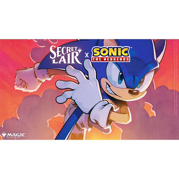 MTG: Secret Lair X Sonic- Friends and Foes, Nonfoil - The Gathering card featuring Sonic the Hedgehog reaching forward with an orange-pink sunset background.