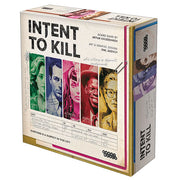 Intent To Kill (PREORDER) - Square board game box with vertical color portraits of five characters on the front, titled Intent To Kill, featuring a.