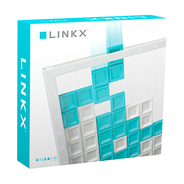 Linkx - Linkx board game box with transparent square tiles in teal and frosted white on a clear grid board.