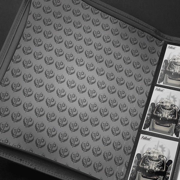 Binder: PRO 9-Pocket Zippered- Fallout- Brotherhood of Steel - Black zippered card binder with repeating Brotherhood of Steel logo pattern and nine-pocket plastic sleeves.