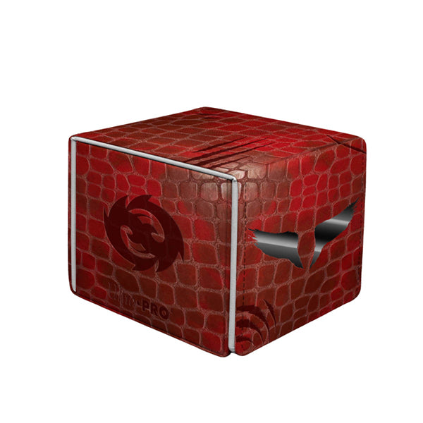 Alcove Edge Deckbox - Tarkir Dragonstorm - Neriv, the Storm Front - 100+ - Red textured deckbox with crocodile skin pattern, featuring black circular and winged emblems on sides.
