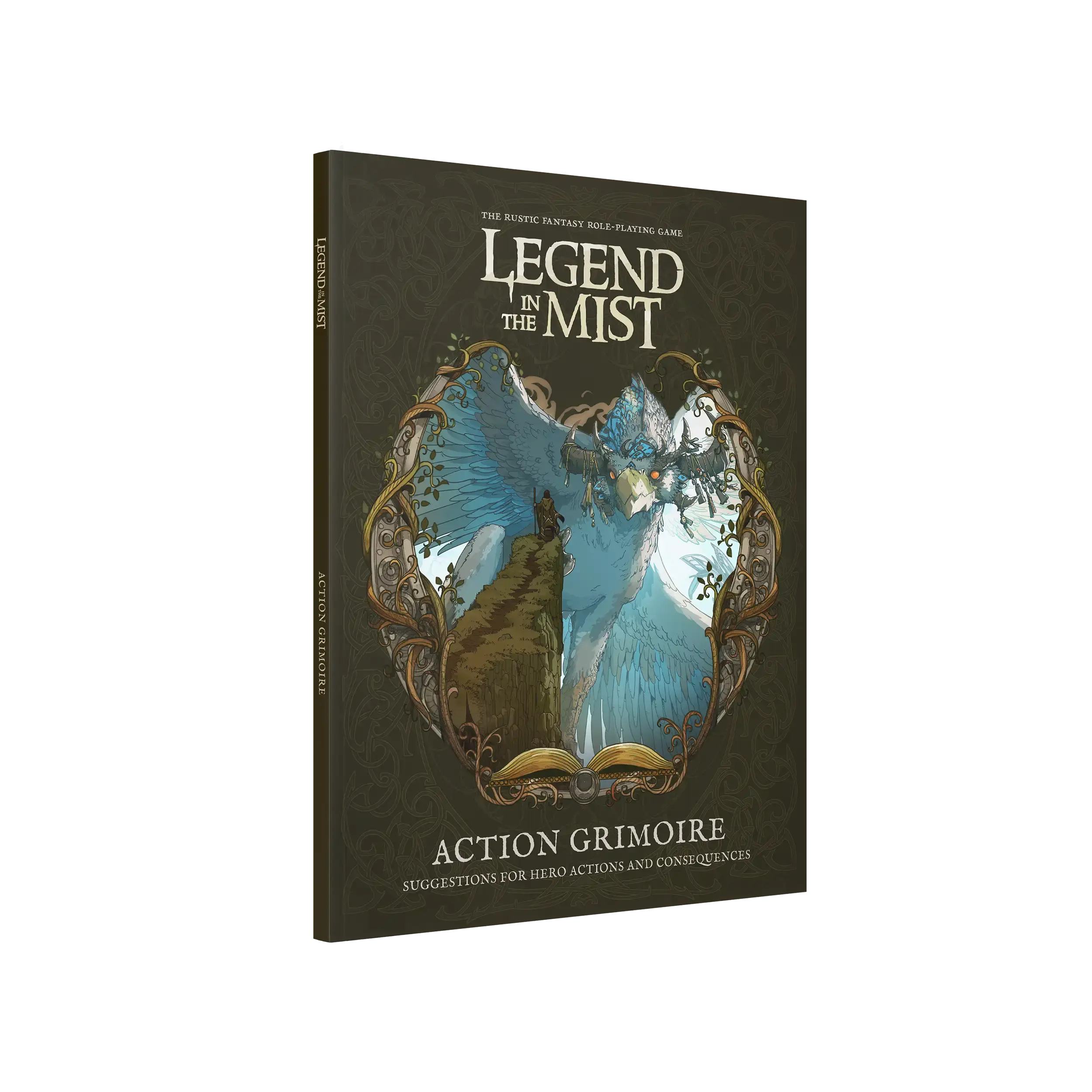Legend in the Mist: Action Grimoire - Dark green RPG book titled Legend in the Mist with ornate gold frame and mystical blue figure on cover.