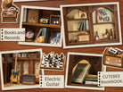 The Secret Rhythm Book Nook (PREORDER) - Miniature wooden book nook displaying detailed vinyl records, books, guitar, chessboard, radio, and vintage decor elements.