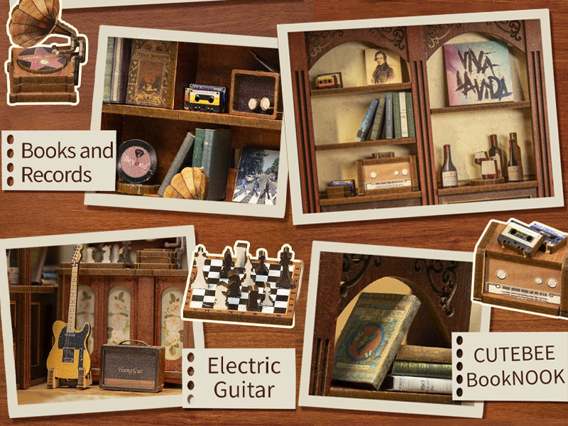 The Secret Rhythm Book Nook (PREORDER) - Miniature wooden book nook displaying detailed vinyl records, books, guitar, chessboard, radio, and vintage decor elements.