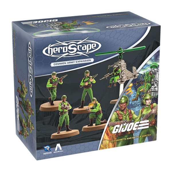 Heroscape: Army Expansion- G.I. JOE: Greenshirts and Battle Copter (PREORDER) - Heroscape expansion box featuring four green-clad soldier miniatures and a gray battle copter model.