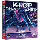K-Pop Demon Hunters Puzzle - Huntr/x Battle (500 Piece Foil) (PREORDER) - 500-piece foil puzzle box featuring three stylized female K-Pop demon hunters with glowing blue swords on a dark purple-blue