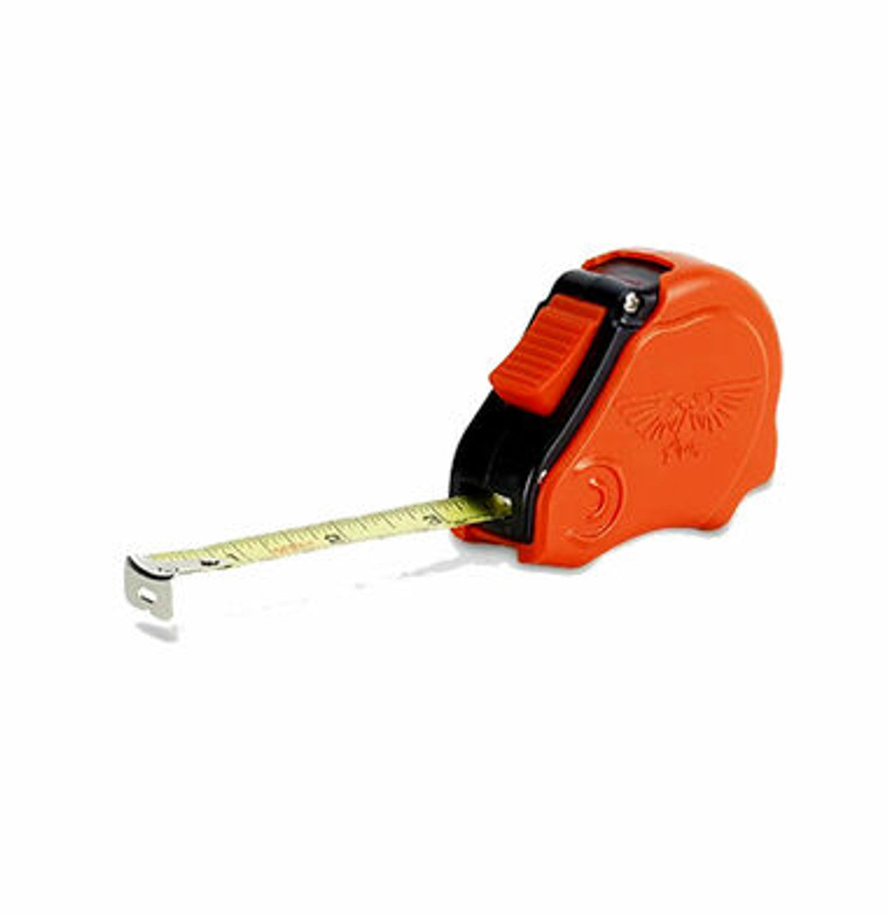 Games Workshop Tape Measure - Orange plastic tape measure with black and red locking button, extended yellow measuring tape.