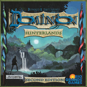 Dominion: Hinterlands, 2nd Ed. (PREORDER) - Hinterlands board game box with fantasy landscape, waterfall, bridge, and adventurer silhouette on blue-green background.