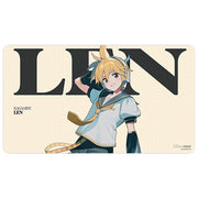 Ultra Pro Playmat: Hatsune Miku Retro Soundscapes - Len (PREORDER) - Rectangular playmat featuring anime character Len with blonde hair, teal and white outfit, and large black "LEN" text on.