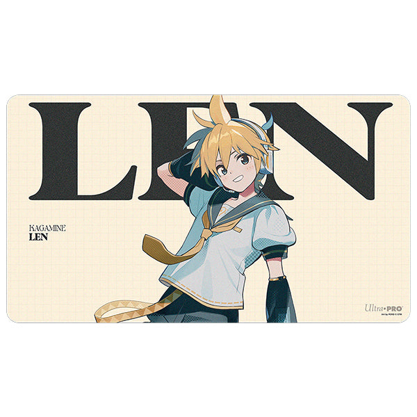 Ultra Pro Playmat: Hatsune Miku Retro Soundscapes - Len (PREORDER) - Rectangular playmat featuring anime character Len with blonde hair, teal and white outfit, and large black "LEN" text on.