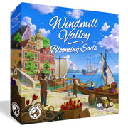 Windmill Valley: Blooming Sails Expansion - Colorful board game box featuring a vibrant harbor scene with sailing ships and village buildings under a blue sky.