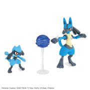 Pokémon Model Kit - Riolu & Lucario (PREORDER) - Two blue and black Pokémon model figures, small Riolu and taller Lucario, with a translucent blue energy sphere on a clear.
