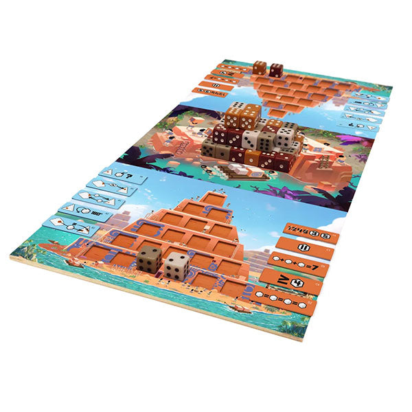 Pyradice (PREORDER) - Colorful two-player board game with pyramid-building tiles and wooden dice pieces on a tropical-themed playmat.