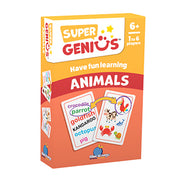 Super Genius: Animals - Orange and white rectangular box of Super Genius Animals educational card game for ages 6+, featuring colorful animal cards.