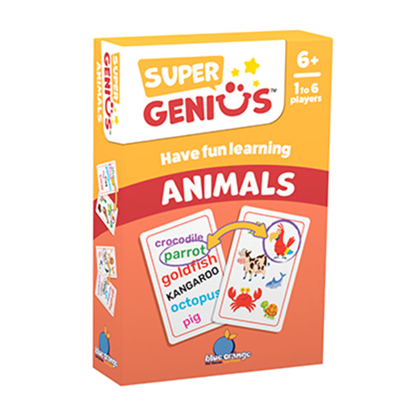 Super Genius: Animals - Orange and white rectangular box of Super Genius Animals educational card game for ages 6+, featuring colorful animal cards.