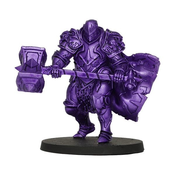 Vallejo True Metallic Metal Shade: Celestial Violet (18ml) - Purple metallic miniature knight figurine with detailed armor, holding a large hammer and shield on a round base.