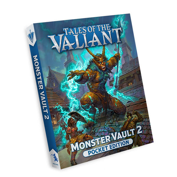 Tales of the Valiant: Monster Vault 2, Pocket Edition - Softcover RPG book with a blue-toned cover featuring a monstrous warrior wielding a glowing axe and summoning blue lightning