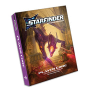 Starfinder 2E: Starfinder Player Core - Hardcover book titled Starfinder Player Core with purple-tinted spine and sci-fi creature illustration on brown background.