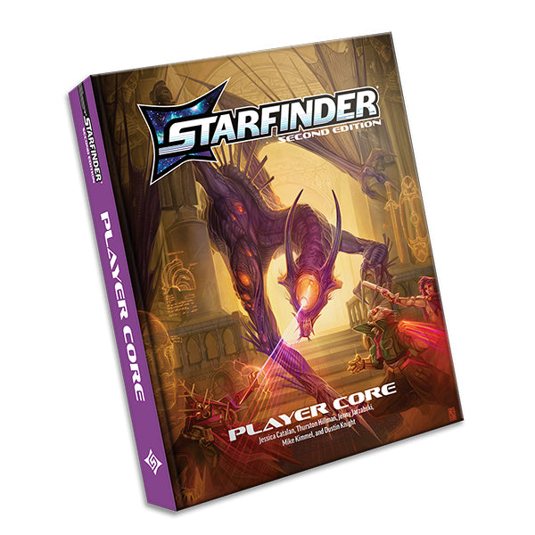 Starfinder 2E: Starfinder Player Core - Hardcover book titled Starfinder Player Core with purple-tinted spine and sci-fi creature illustration on brown background.