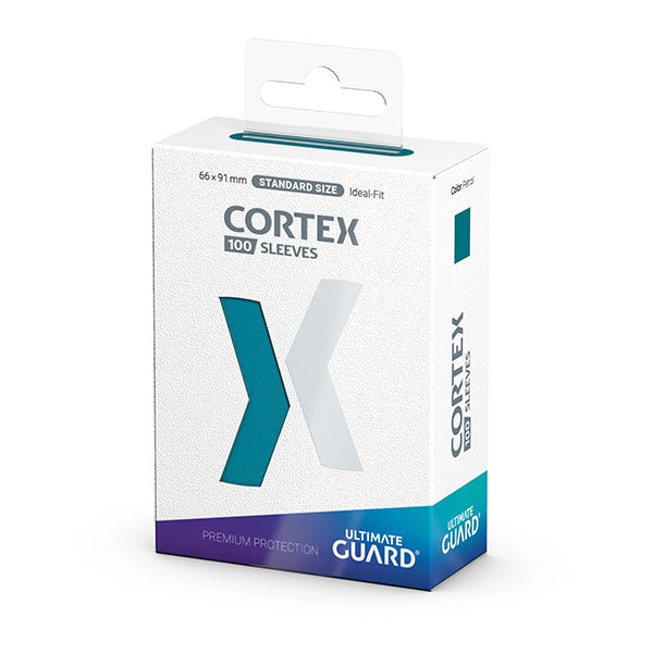 Ultimate Guard Cortex Deck Protectors 100 Count Petrol - White and teal Ultimate Guard Cortex Deck Protectors box with 100 petrol-blue card sleeves inside.