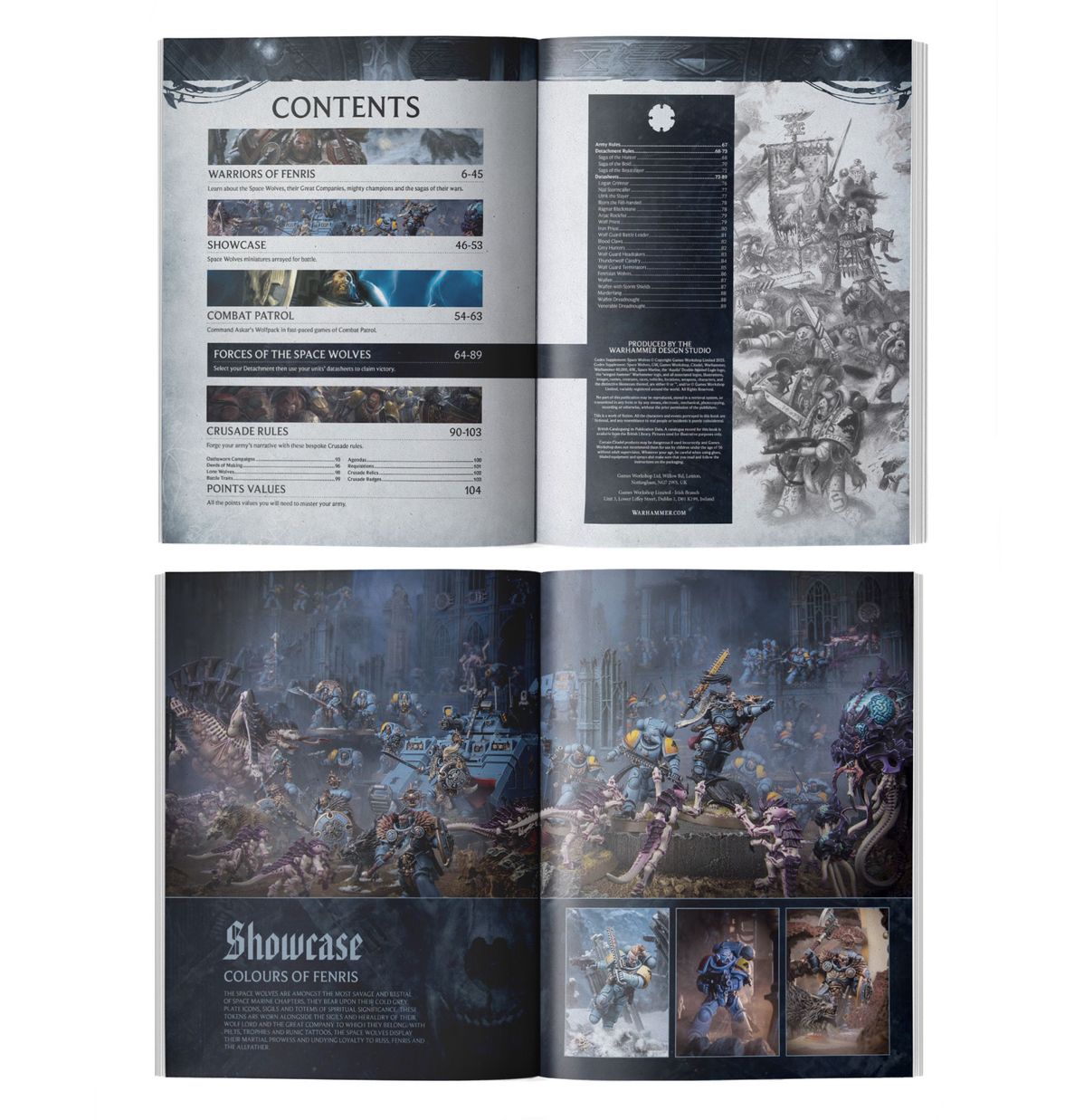 Warhammer 40,000 - Space Wolves - Codex Supplement - Open Warhammer 40,000 Codex Supplement showing contents and detailed artwork of Space Wolves in battle on glossy pages.