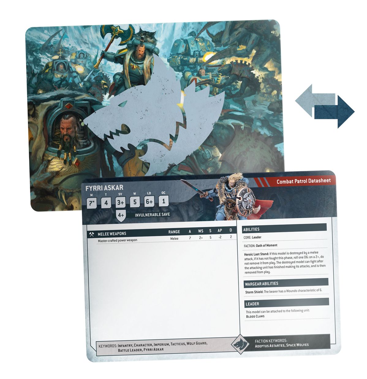 Warhammer 40,000 - Space Wolves - Datasheet Cards - Set of two Warhammer 40,000 Space Wolves datasheet cards with detailed artwork and stat tables.