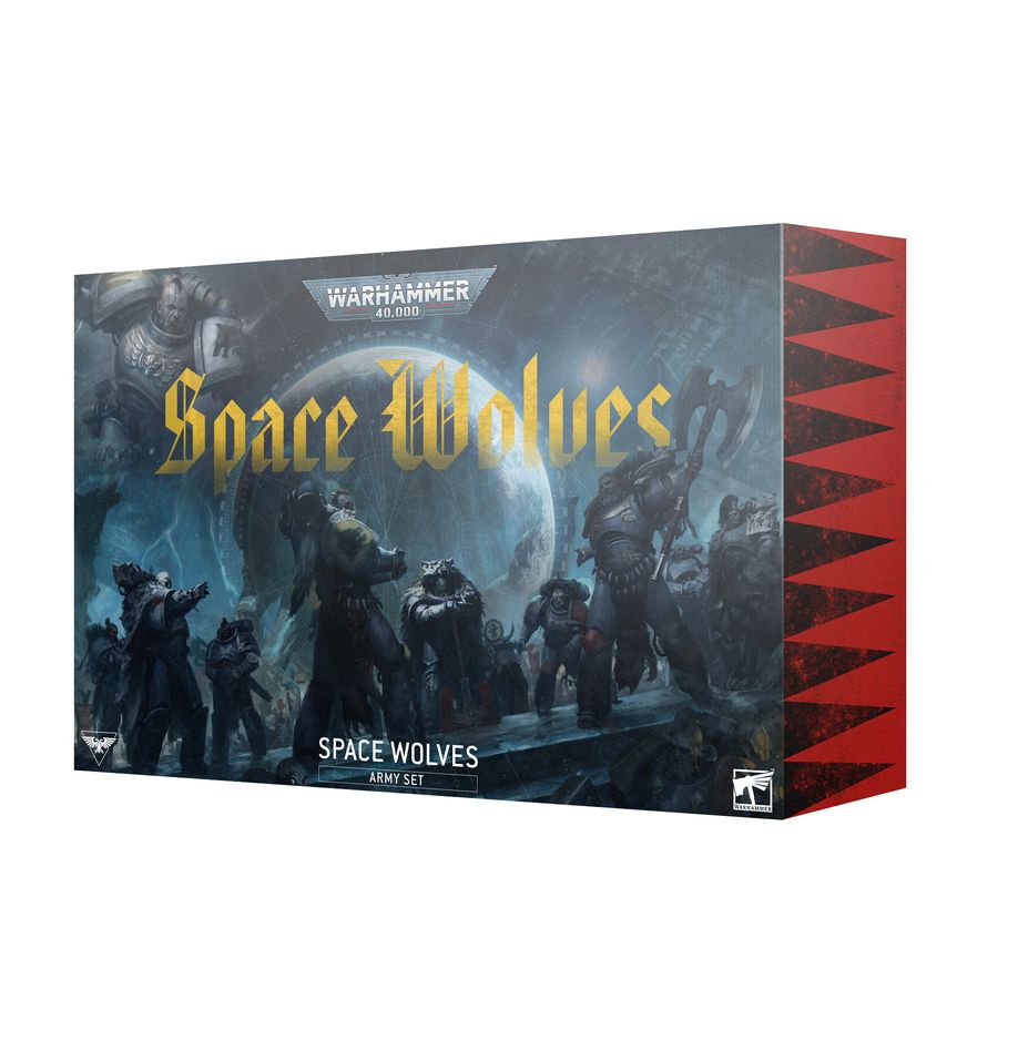 Warhammer 40,000 - Space Wolves - Army Set - Warhammer 40,000 Space Wolves Army Set box with dark blue and gray fantasy art and yellow gothic text.