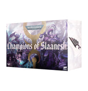 Warhammer 40,000 - Emperor's Children - Champions of Slaanesh - Warhammer 40,000 Champions of Slaanesh box with dark purple and blue fantasy artwork featuring armored figures and ornate.