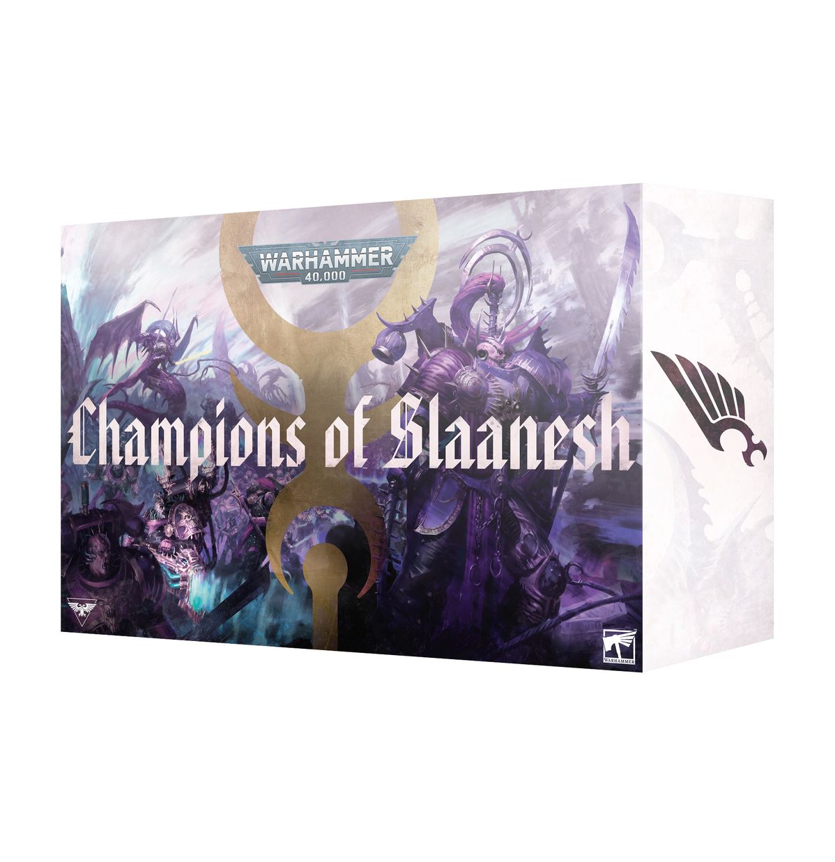 Warhammer 40,000 - Emperor's Children - Champions of Slaanesh - Warhammer 40,000 Champions of Slaanesh box with dark purple and blue fantasy artwork featuring armored figures and ornate.