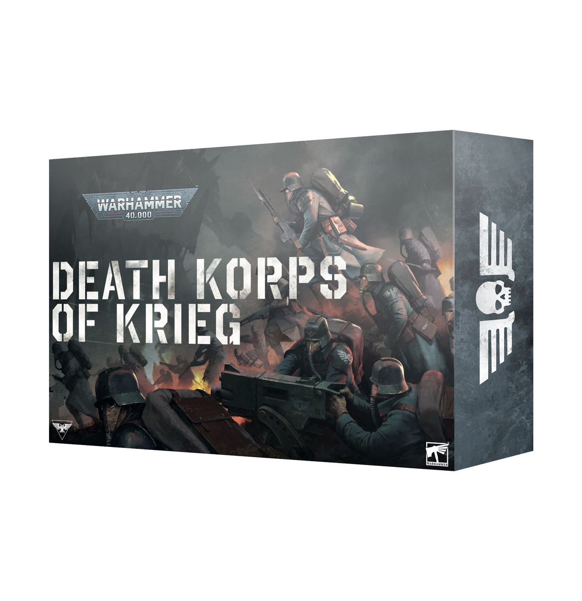 Warhammer 40,000 - Astra Militarum - Death Korps of Kreig Army Set - Warhammer 40,000 Death Korps of Krieg Army Set box with soldiers in trench warfare, dark smoky background, and bold white.