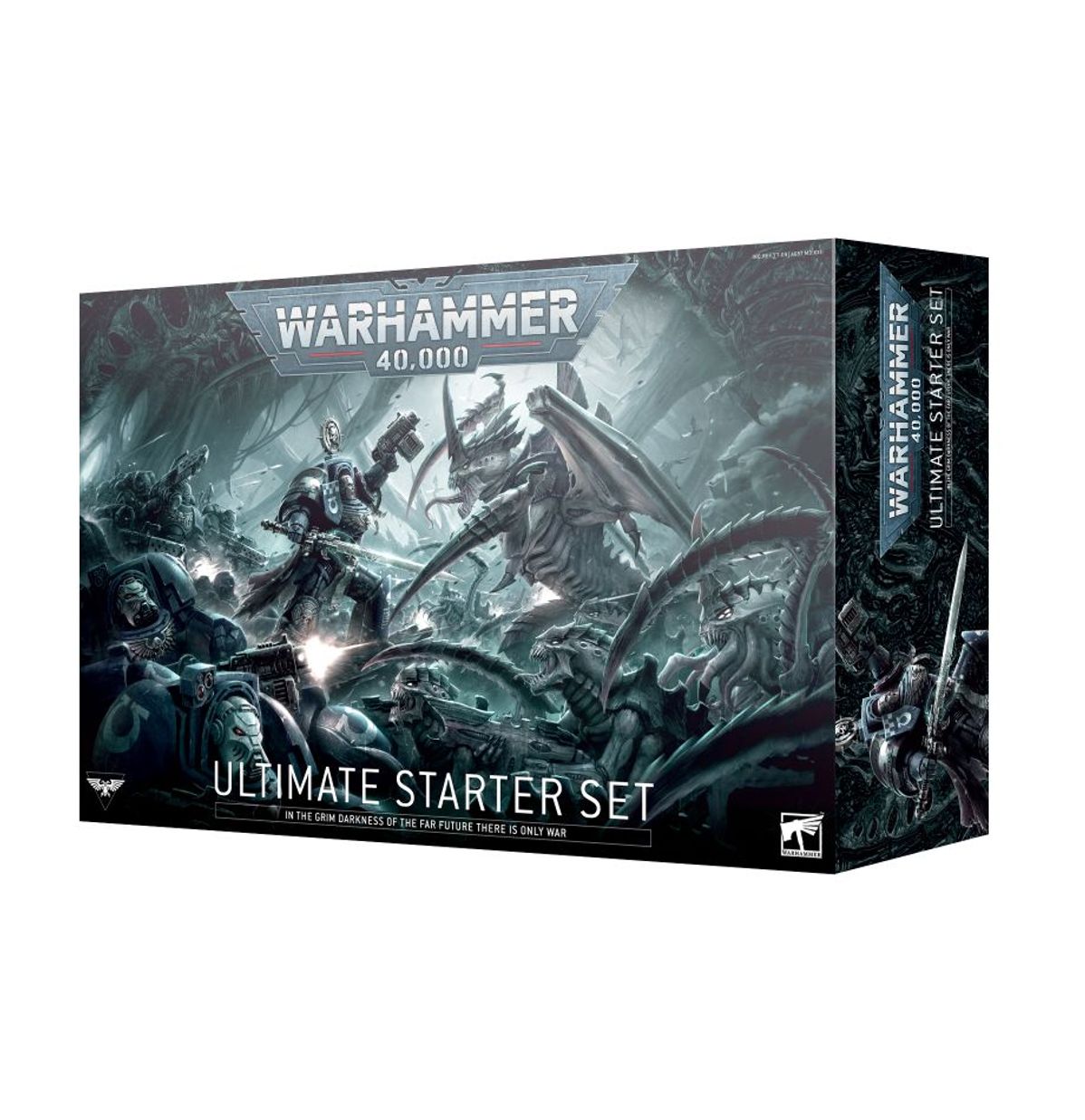 Warhammer 40,000 - Ultimate Starter Set - Dark-themed rectangular box with futuristic alien and armored soldier artwork, labeled Warhammer 40,000 Ultimate Starter Set.