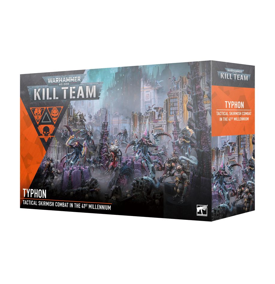 Warhammer 40,000 Kill Team: Typhon - Typhon box featuring dark sci-fi artwork with futuristic soldiers and alien creatures in a dystopian cityscape.