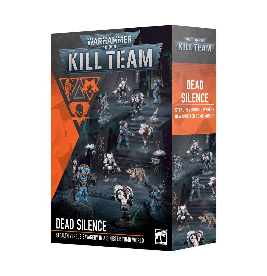 Warhammer 40,000 - Kill Team - Dead Silence - Warhammer 40,000 Kill Team Dead Silence box featuring stealthy miniatures in black and gray armor with white highlights and.