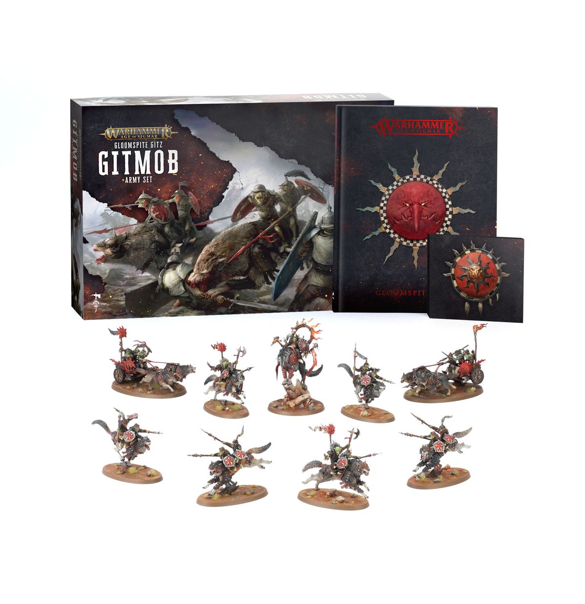 Warhammer Ages of Sigmar - Gloomspite Gitz - Gitmob Army Set - Warhammer Ages of Sigmar Gloomspite Gitz Gitmob Army Set with painted miniatures and dark themed box art.