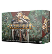 Warhammer Age of Sigmar - Skaventide - Warhammer Age of Sigmar Skaventide box featuring fantasy artwork with armored warrior and rat-like creatures in battle scene.