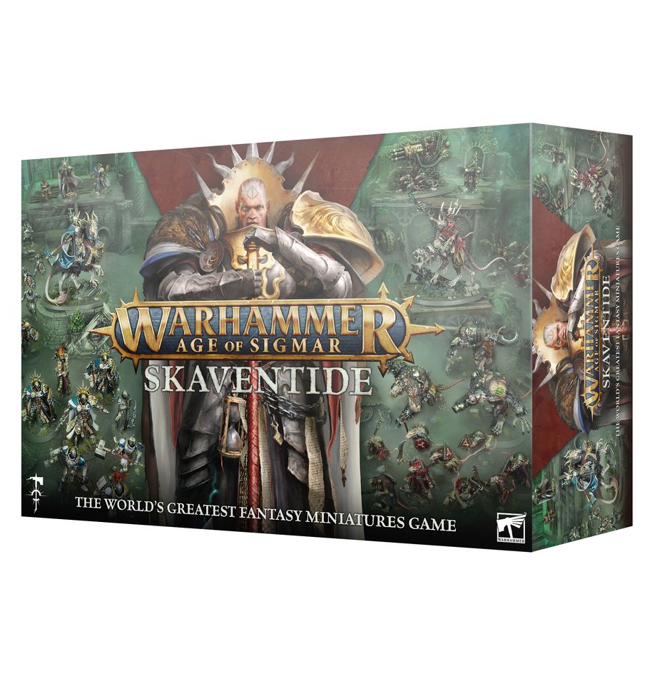 Warhammer Age of Sigmar - Skaventide - Warhammer Age of Sigmar Skaventide box featuring fantasy artwork with armored warrior and rat-like creatures in battle scene.