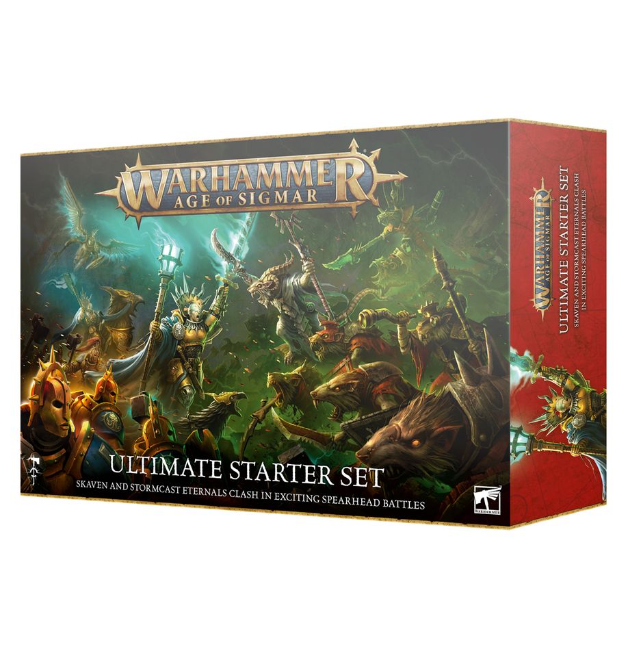 Warhammer Age of Sigmar - Ultimate Starter Set - Warhammer Age of Sigmar Ultimate Starter Set box featuring fantasy warrior and creature artwork in dark green and brown.