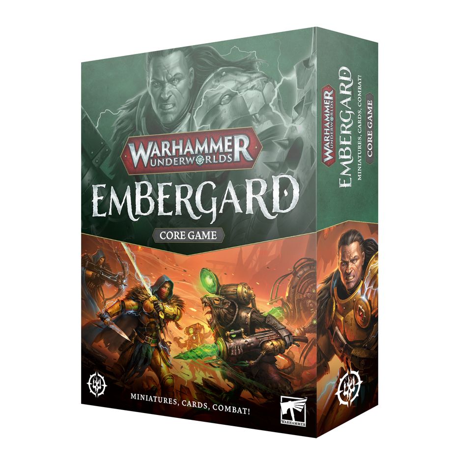 Warhammer Underworlds - Embergard Core Game - Warhammer Underworlds Embergard Core Game box with fantasy artwork of armored warriors in battle and green-gray and orange.