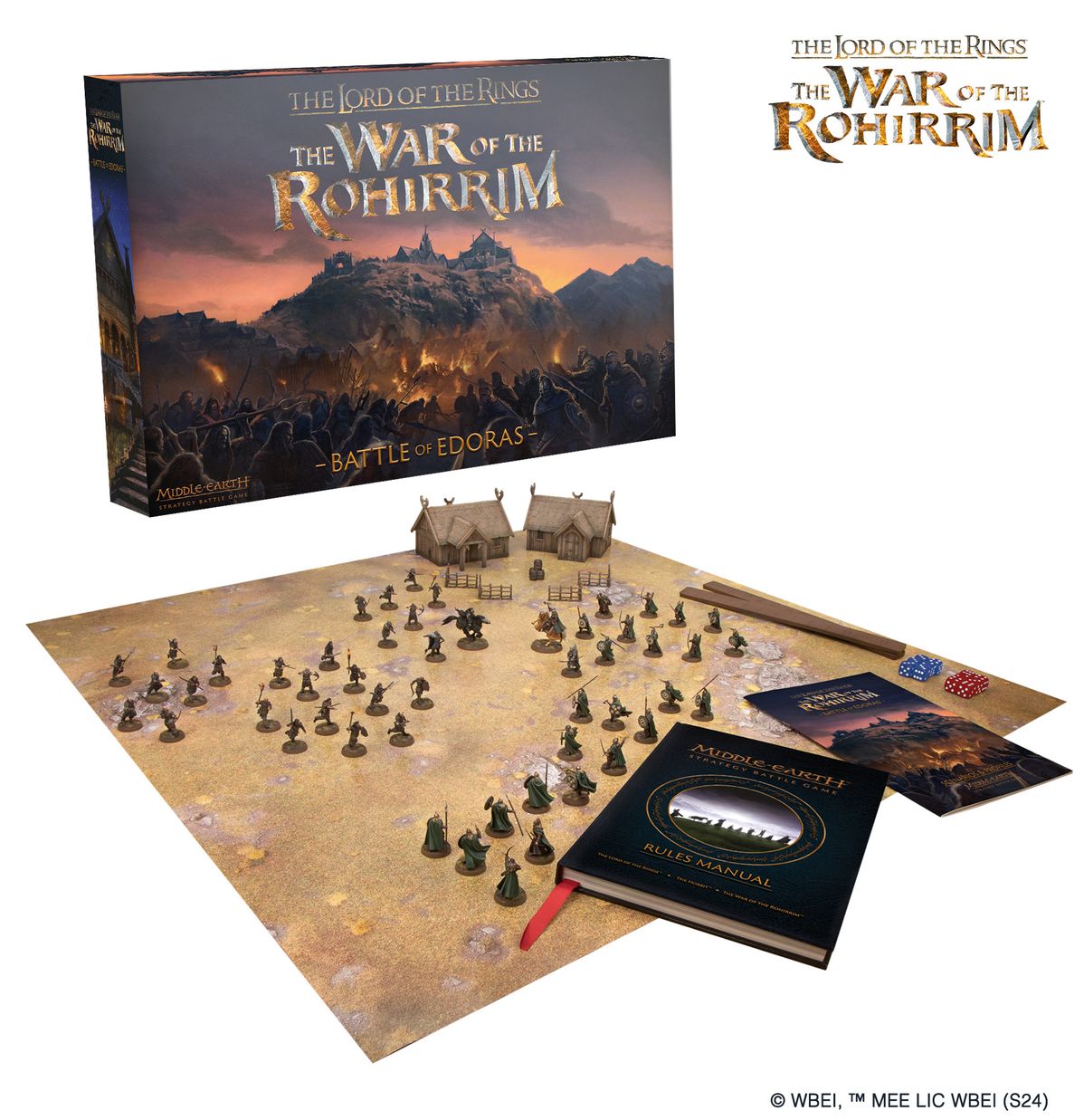 Warhammer The War of the Rohirrim - Battle of Edoras - Warhammer board game set with detailed miniature figures, battle map, rulebook, and box featuring Edoras landscape artwork.