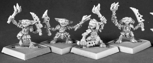 Pathfinder Goblin Pyros (4) - Four unpainted resin goblin miniatures with exaggerated features holding flaming torches, posed dynamically on square bases.