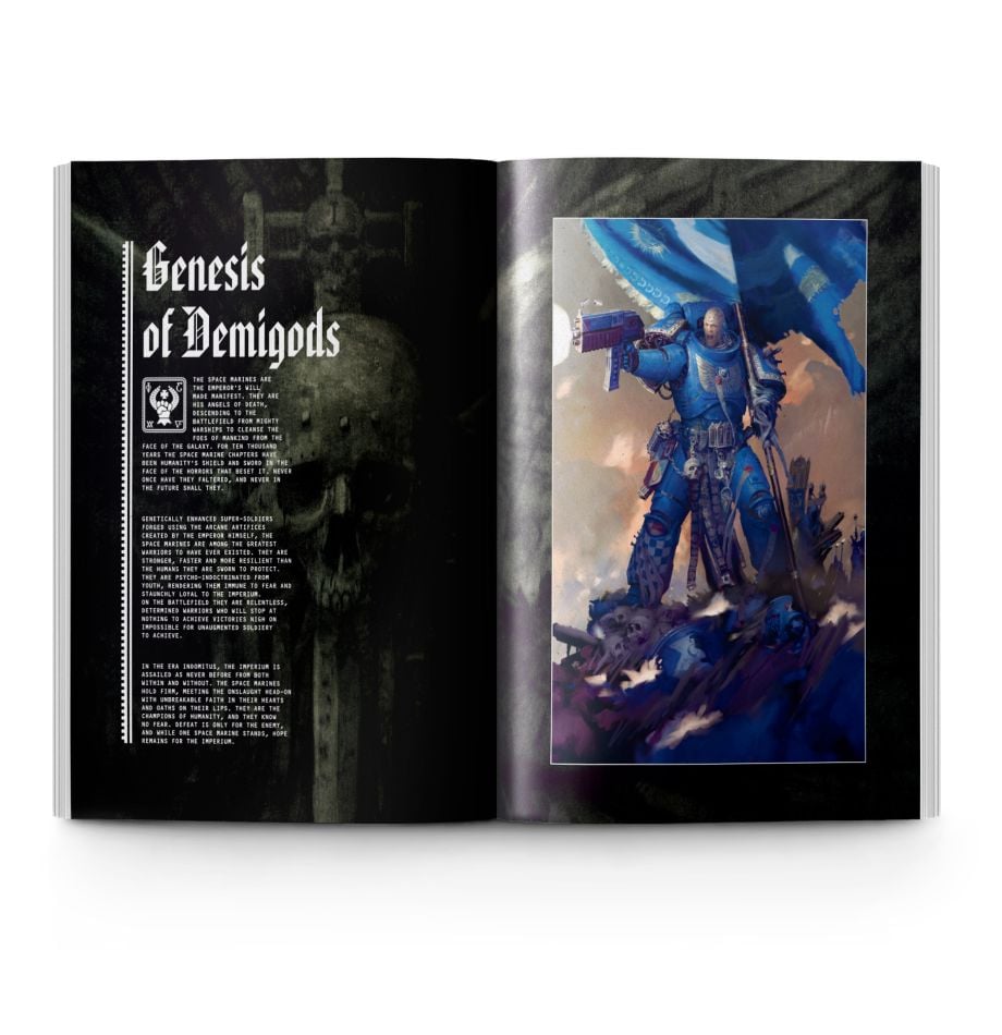 Warhammer 40,000 - Space Marines - Codex - Open Warhammer 40,000 Codex showing dark text page with skull art and colorful illustration of blue armored Space Marine.