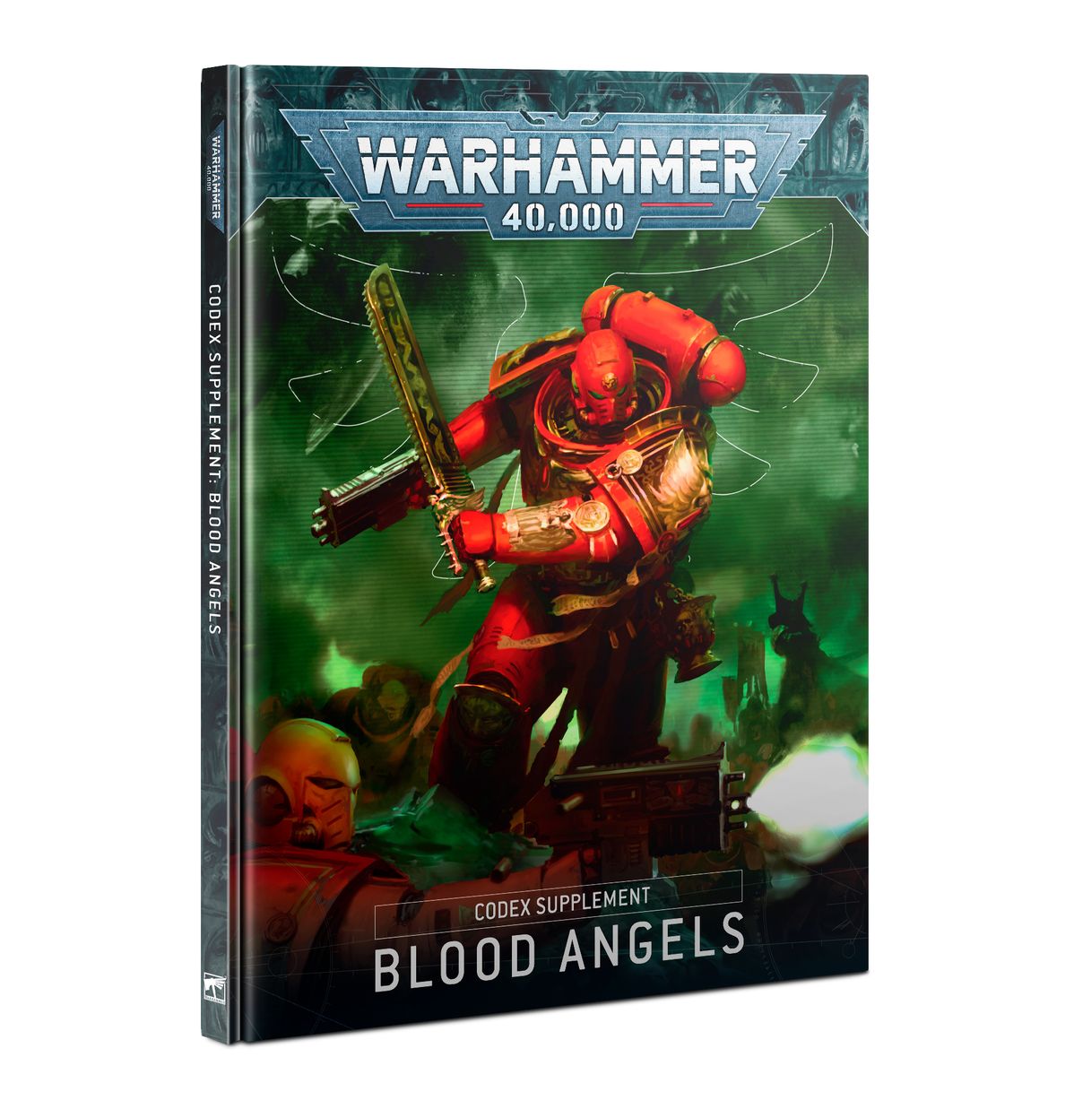 Warhammer 40,000 - Blood Angels - Codex Supplement - Warhammer 40,000 Blood Angels Codex Supplement book with red-armored Space Marine wielding a chainsword on a green smoky.