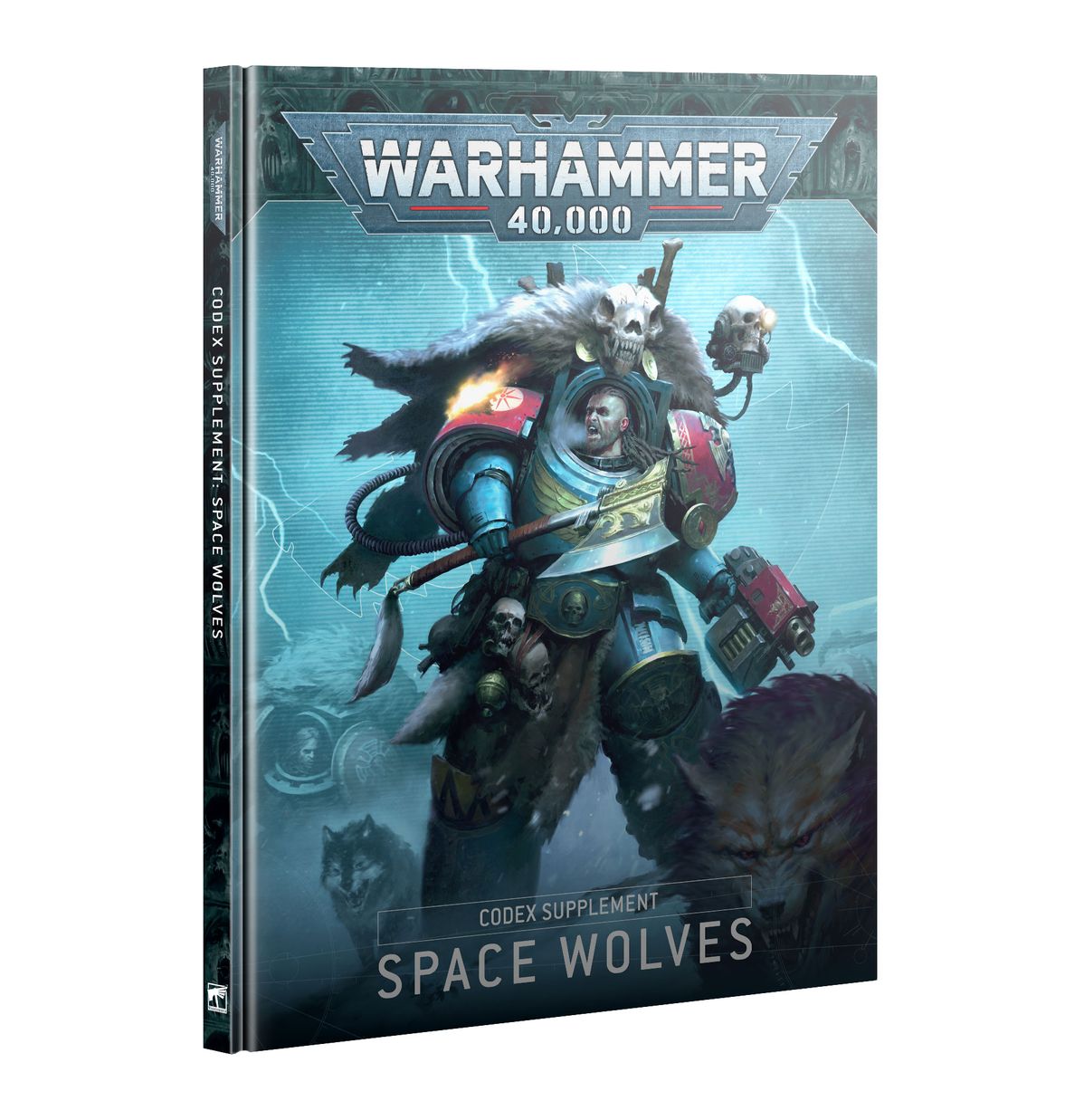 Warhammer 40,000 - Space Wolves - Codex Supplement - Softcover book with detailed sci-fi artwork of a Space Wolves warrior in blue armor on the front cover, titled Warhammer.
